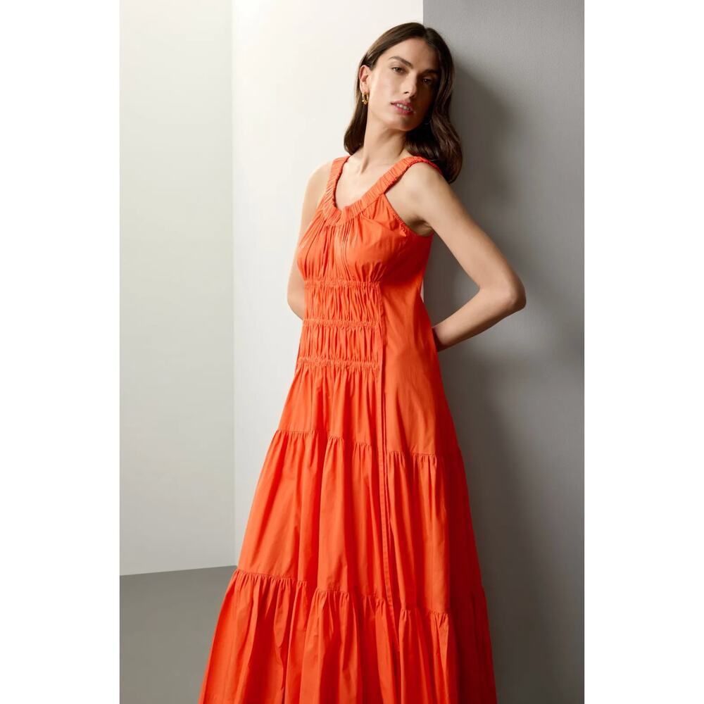 Eudon Choi Sleeveless Tiered Midi Ruched Tiered Dress SZ 8 in Orange